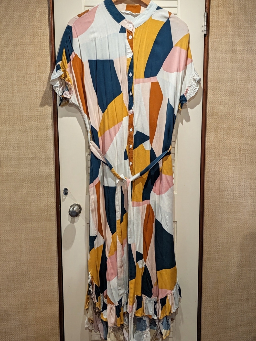 DownEast Geometric Button-Front Midi Dress in White, Mustard, Deep Teal & Pink